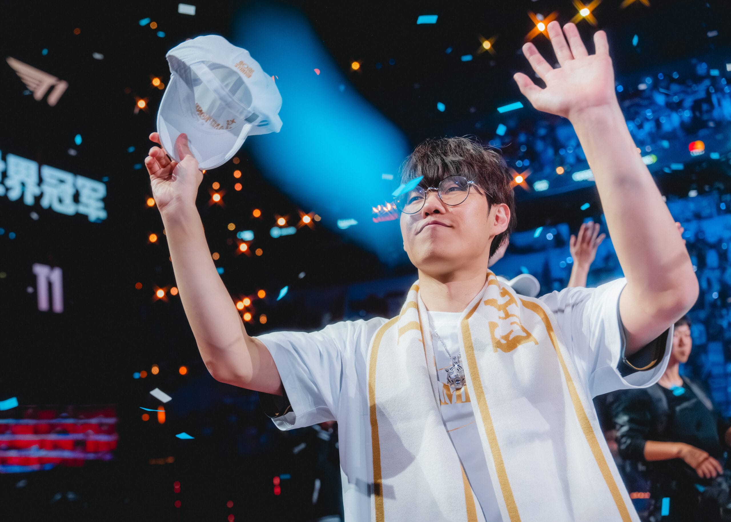 Oner of T1 celebrates onstage after being crowned champions at League of Legends Worlds 2025 Finals on November 08, 2025 in Chengdu, China